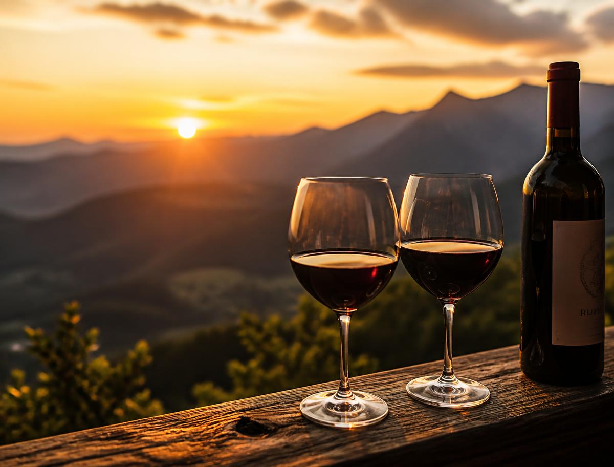 Duas taças de vinho tinto diante do pôr do sol nas montanhas